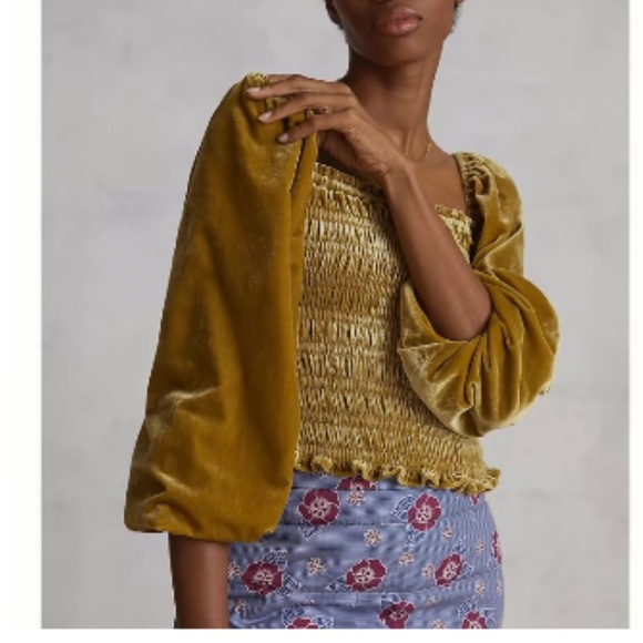 Anthropologie Puff-Sleeved Velvet Smocked Blouse in chartreuse color. - Picture 5 of 8